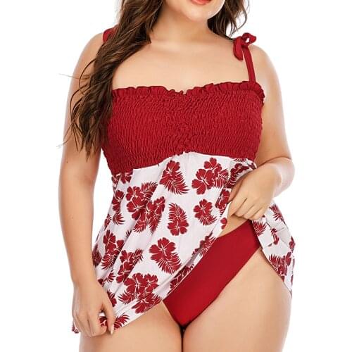 New Floral Smocked Plus Size Womens Swimsuit Two piece Large Size Swimwear With Skirt Tied Bowknot Straps Big Size Swimdress