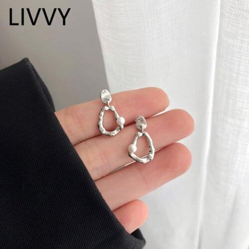 LIVVY Silver Color Irregular Hollow Pearl Earrings Japanese-Korean Style Fashion Simple Temperament Jewelry Accessories