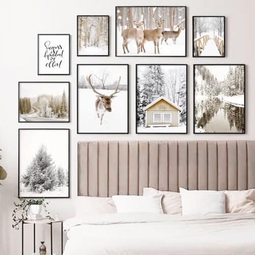 Nordic Winter House Deer Forest River Landscape Wall Art Canvas Painting Posters And Prints Pictures For Living Room Decoration