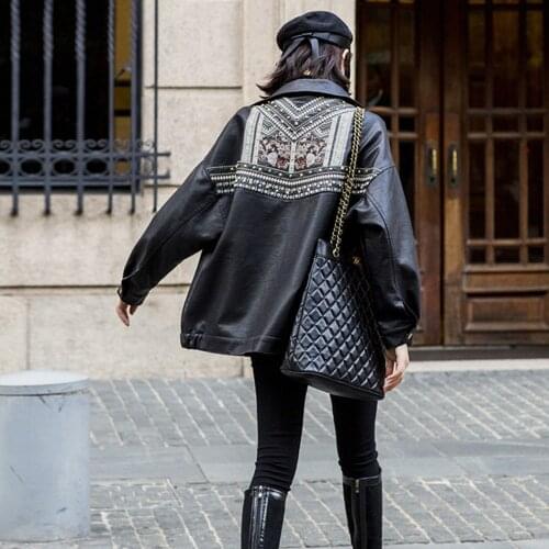 Ladies Boho Embroidered Coats Black Faux Leather Jacket Women Rivet Punk PU Leather Jacket Locomotive Short Motorcycle Outerwear