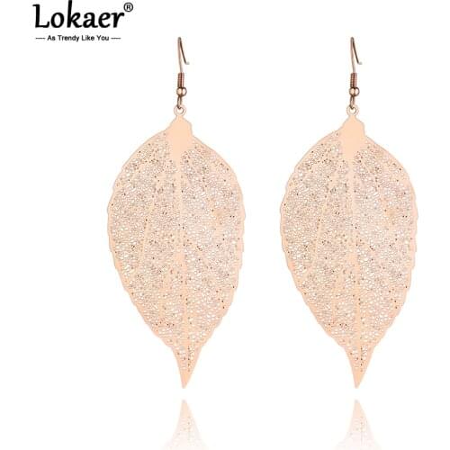 Lokaer Fashion Titanium Stainless Steel Hollow Plant Leaves Earrings Jewelry Rose Gold Dangle Earrings For Women Girls E19243