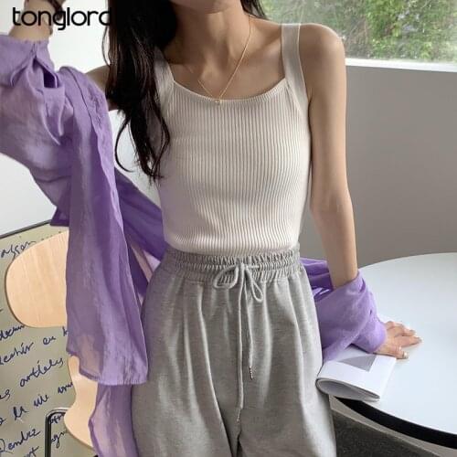 Women Corset Tops Spaghetti Straps Short Outer Wear Knitted Vest 2021 Summer Female Sleeveless Tank Camis Crop Top Candy Colors