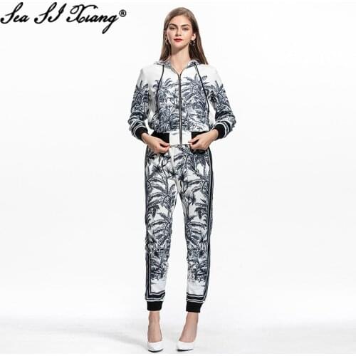 Seasixiang Fashion Designer Summer Suit Women Hooded Long Sleeve Jacket + Elastic Waist Pencil Pants Print Casual Two Piece Set