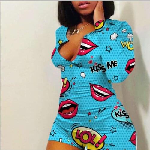 Womens Sexy Deep V Neck Romper Casual Long Sleeve Bodycon Printed Pajama Sleepwear Hot Sales