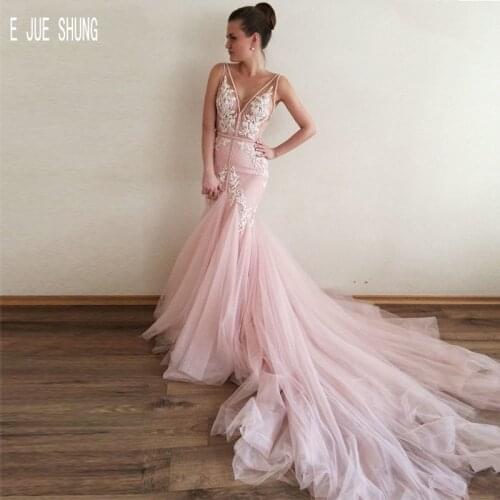 E JUE SHUNG Pink Backless Mermaid Wedding Dresses For Bride V Neck Lace Appliques Long Beach Bridal dresses vestido de noiva