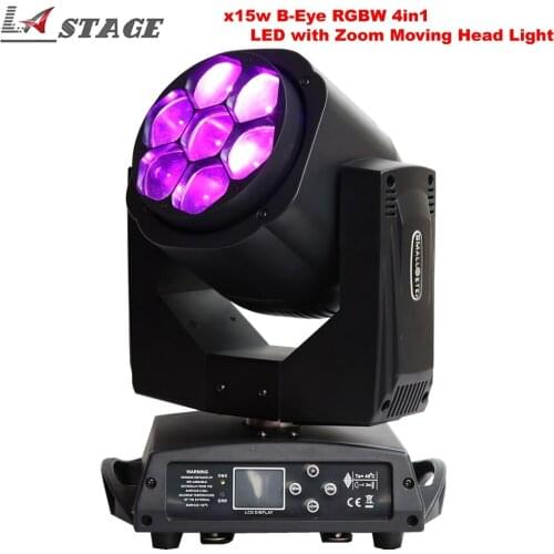 Free Shipping Mini Bee Eye DJ Equipment LED Moving Head Light Beam Zoom 7x15W High Power RGBW 4IN1 DMX