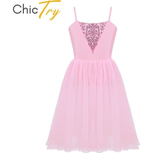 ChicTry Kids Teens Sequins Mesh Ballet Tutu Dress Girls Spaghetti Straps Gymnastics Ballet Leotard Stage Lyrical Dance Costumes
