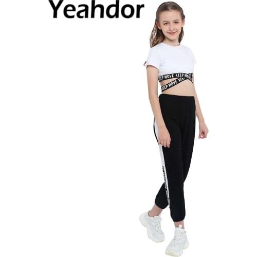 Kids Girls Gym Running Yoga Sports Suit Dance Set Sportwear Short Sleeve Crop Top Letters Print Pants Trousers Casual Outfit