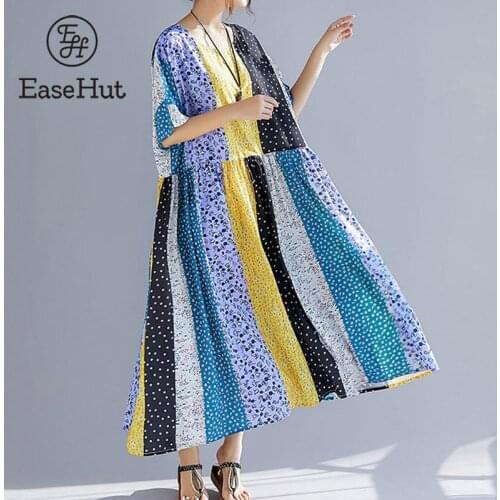 EaseHut Women Oversize Dress Stripe Dot Printed Multi Color Maxi Dress Summer Sundress Baggy Robe Loose Casual Dresses vestidos