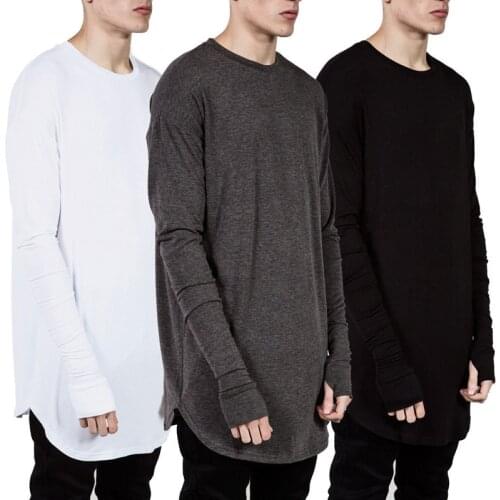 Mens Longline Thumb Hole Cuffs Long Sleeve T-Shirt Basic Hipster Top Tee Male Hip Hop Clothes Solid Streetwear Tops Tee Cloth