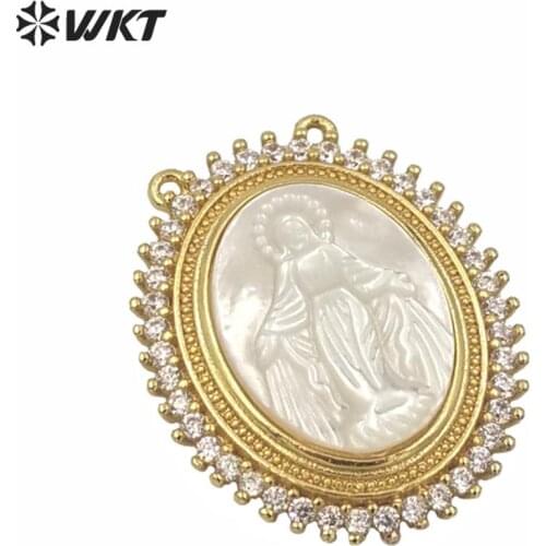 JF253 Wholesale NEW Oval shellfish Pendant Gold plating caved Goddess,Holy Virgin(mother),Madonna,Jesus,angle,sage Cubic Zircon