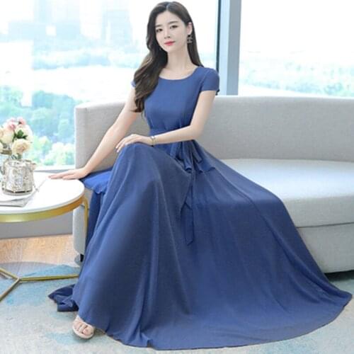 Korean Fashion Dress Beach Skirt O-Neck Chiffon Dress Female Long Slim Ankle-Length Dresses Bohemian Shirring Woman Clohting