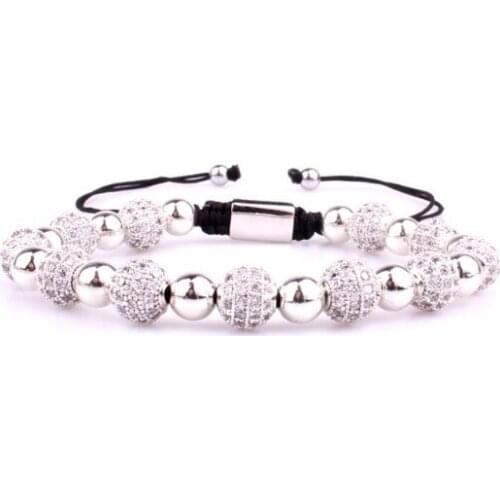 Crown micro pave Copper gold silver metal cz Cubic Zirconia rope adjustable Beads Bracelet Charm Braided Bangles dfg35