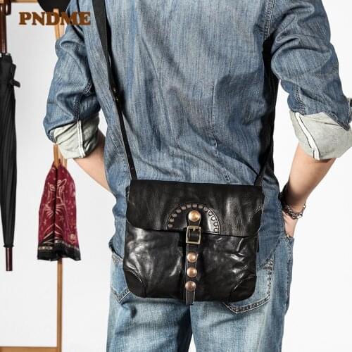 Fashion casual genuine leather mens messenger bag pleated rivet design luxury natural soft genuine leather daily shoulder bag