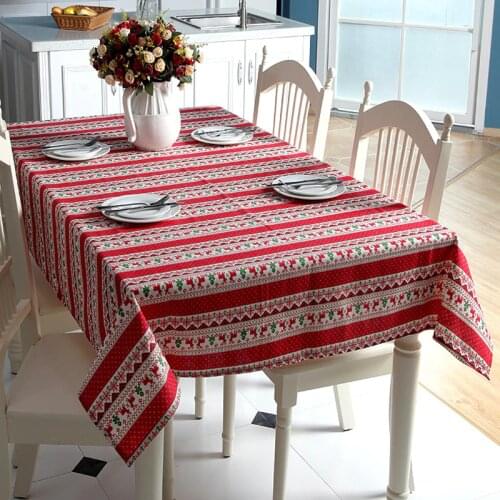 Customizable Linen Cotton Tablecloth Red Snowflakes Elk Christmas Tree Table Cloth for Wedding Banquet Washable Table Cover