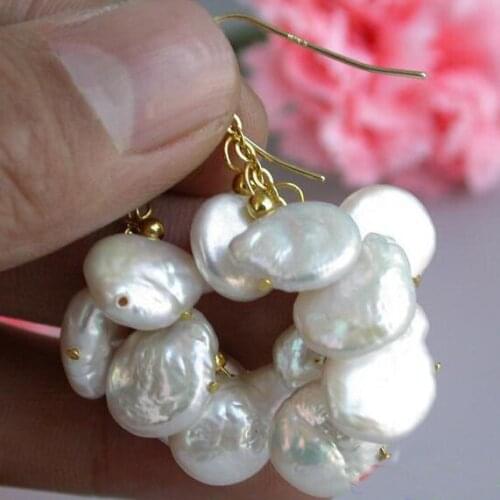 New Favorite Pearl Jewelry 12mm White Coin Freshwater Pearls 14K/20 Gold Grape Dangle Earrings Handmade Lady Gift