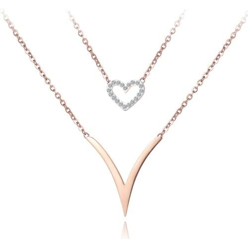 JeeMango Trendy Cubic Zirconia Heart Double Chain Link Necklace Jewelry Titanium Steel Rose Gold Color Necklace For Women N18060