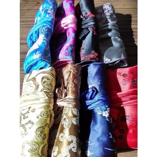 Portable Silk Brocade Jewelry Roll Gift Bag 3 Zipper Folding Large Cosmetic Bag Drawstring Makeup Travel Bag Pouch Custom 30pcs
