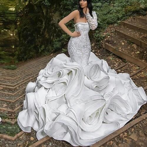 Luxury Organza Cascading Ruffles Mermaid Wedding Dresses One Shoudler Crystals Beaded Robe De Mariee Bridal Gowns Suknia Slubna