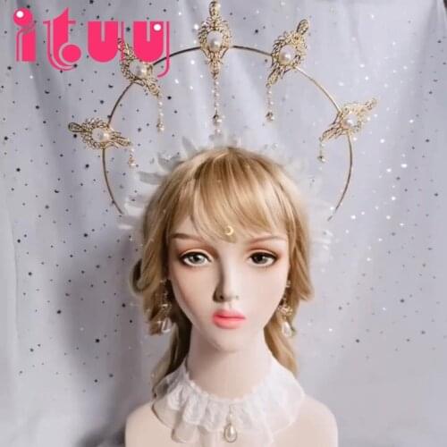 Handmade KC Crown Headband Pearl Tassel Sun Apollo Halo Church Angel Hanfu Goddess of the Sun Hair Accessories Lolita Headwear