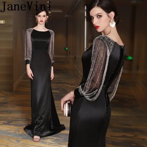 JaneVini 2020 Sexy Black Long Mother of the Bride Dresses Mermaid Long Sleeves Beaded Satin Evening Dress Sweep Train Lange Jurk