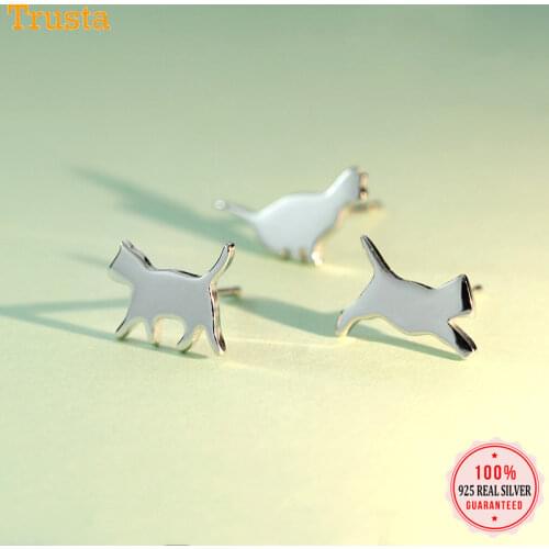 Trustdavis 2019 Genuine 100% 925 Sterling Silver Cute Sweet Animal Cat Stud Earrings For Woemn Girl Silver 925 Jewelry Gift DT28