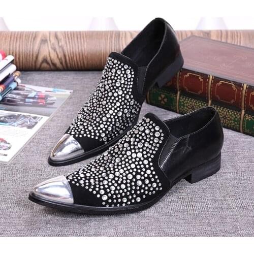 Christia Bella British Style Male Plus Size Metal Pointed Toe Shoes Black Genuine Leather Rhinestone Mens Fashion Party Shoes