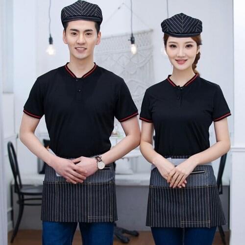S to 4XL Big Size Restaurant Waiter Uniform Hotel Summer Working T Shirt+Apron Set Catering Waitress Work Clothing Free Shipping