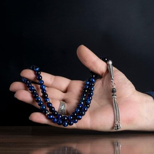 High Quality Guaranteed Muslim rosary 925Silver Accessories For Men Tassel Original Tiger Eyes stone 66 Pcs size 10mm Blue colo