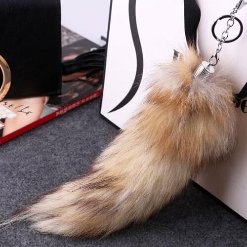 Women Bag Charm Fox Tail Pendant Key Chain 30cm~33cm Fluffy Handbag Trinket Key Ring Holder Pompoms Black And Browm #D