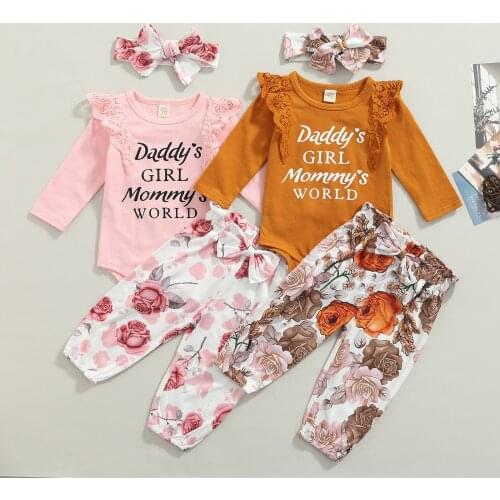 Baby Girls 3Pcs Fall Outfits Long Sleeve Lace Ruffle Romper + Floral Pants + Headband Set
