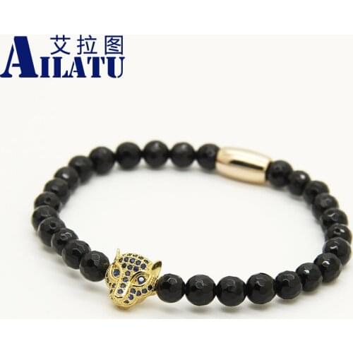 Ailatu Wholesale 10pcs/lot 6mm A Grade Facted Black Onyx Stone Beads with Blue Cz Beads Leopard Mens Beaded Bracelets