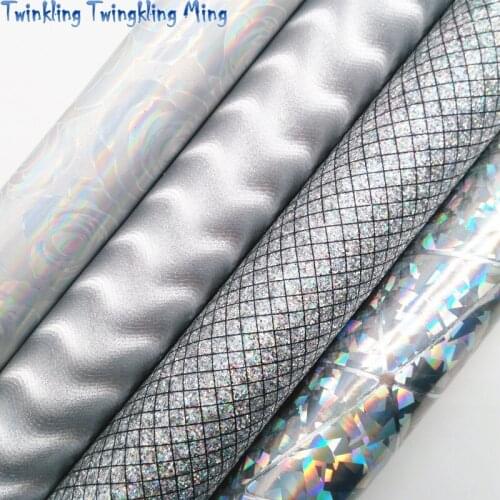 Silver Grids Glitter Fabric, Iridescent Rose Faux Leather Synthetic Leather Fabric Sheet 21x29CM Twinkling Ming KM477