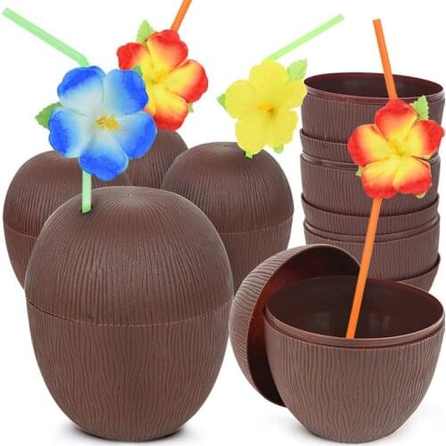 6Pcs Tropical Pineapple Coconut Drinking Cup Juice Cups with Straws Hawaiian Luau Birthday Summer Beach Pool Party Decorations