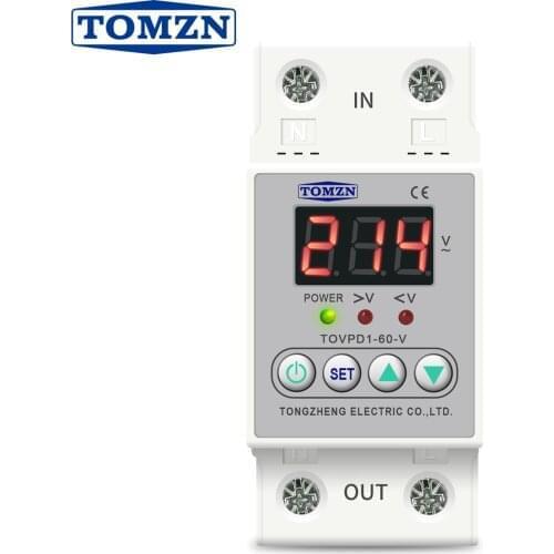 Din rail 40A 60A ON/OFF adjustable over under voltage proteciotn device automatic reconnect protector with voltage display