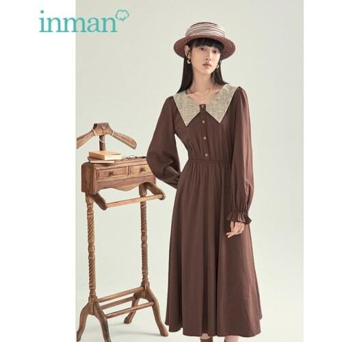 INMAN Autumn Spring Womens Dress Retro Lace Lapel Folds Cuffs Design Decorative Buttons A-Line Long Sleeves Casual One-Piece