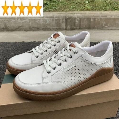 Breathable Genuine Leather Men Hollow Summer Sneakers Footwear Street Casual Lace Up White Flat Shoes Zapatos De Hombre
