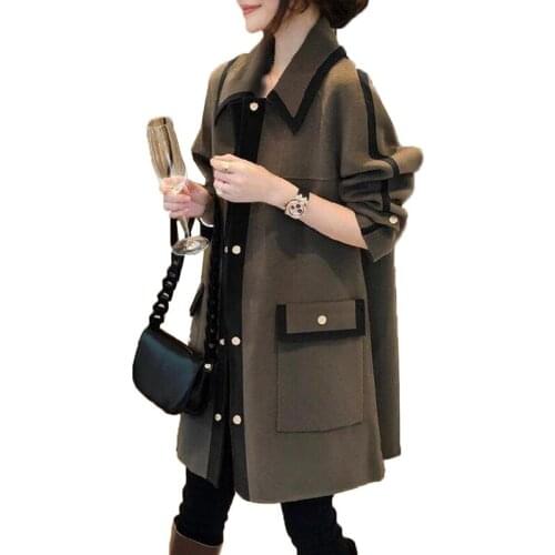 Fashion Womens Woolen Coat Mid-Long Blended Wool Coats Spring Autumn Buttons Double-sided Woolen Ladies Jacket Outwear 4XL W225