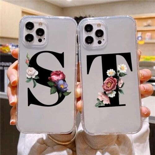 Custom Name Black Letter Alphabet Flowers soft phone Case For iphone 12Pro max 7 8 6s Plus XR XS Max 11pro max 12mini SE2020 11
