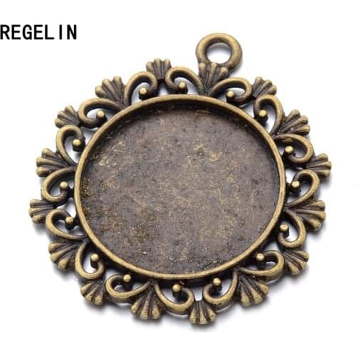 REGELIN Cabochons Bases Pendants Settings Flower Lace Pendant Bezel Trays 10pcs/lot 25mm Fit Glass Cabochon Cameo DIY Making