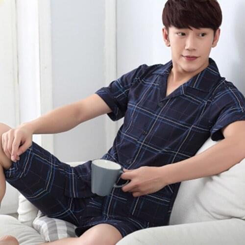 Mens Pajamas Sets Summer Short Sleeve Pants Elastic Waist Male Pajamas Sleepwear Men Sexy Modern Style Cotton Nightgown