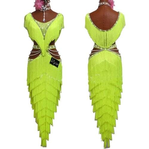 New Latin Dance Competition Dresses For Women Fringe Dress Fluorescent Green Prom Dance Wear Sexy Waist Rhinestone Latin Dress