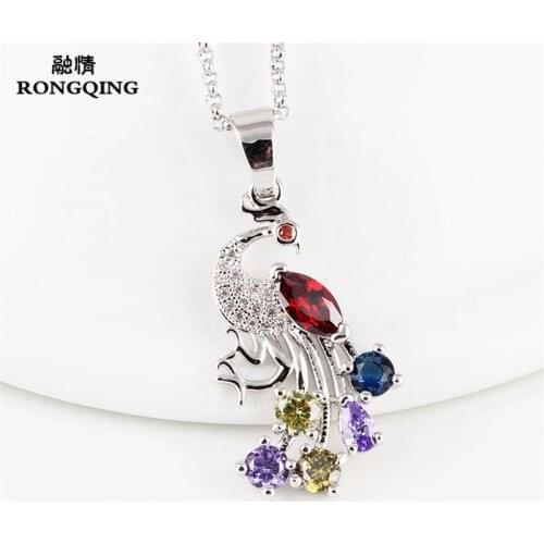 RONGQING 6pcs/lot Zircon Peacock Pendant Necklace Peacock Bird Statement Jewelry for Women