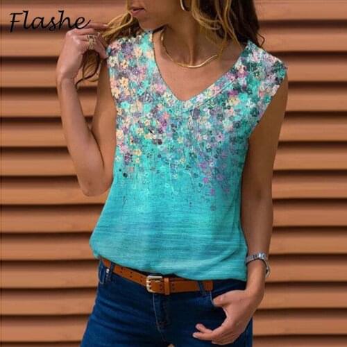 Vintage Casual Floral Printed Loose Shirts Tshirt Spring Sexy V-Neck Shirt 2021 Summer Women Sleeveless Vest Tops Pullover S-5XL