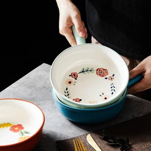 Four seasons hand painted ceramic handle salad bowl household garden style soup noodle breakfast baked rice baking tableware