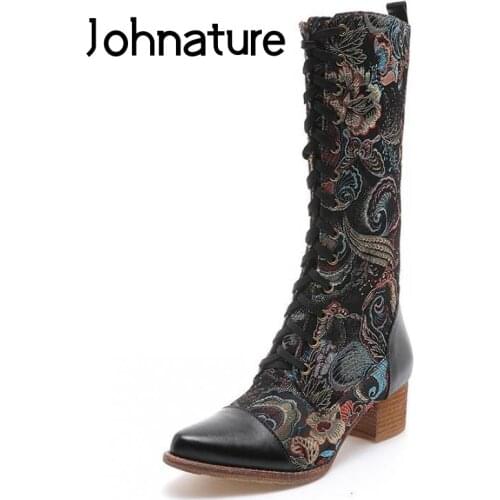 Johnature Long Women Boots Short Plush Genuine Leather Embroidery Cloth Women Shoes Pointed Toe Zip Cross-tied Platform Boots