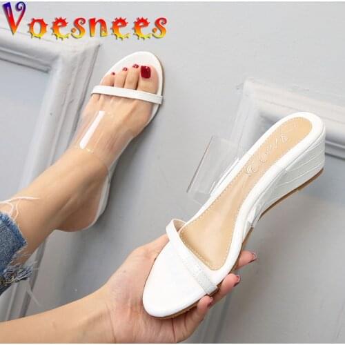 High Quality Womens Slippers Microfiber Leather Transparent Wedges Sandals Sexy 5CM One Word Band Fashion Home High Heel Shoes