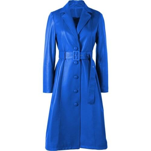 High Quality Women Genuine Leather Jacket Ladies Single Breasted Long Leather Trench Coat