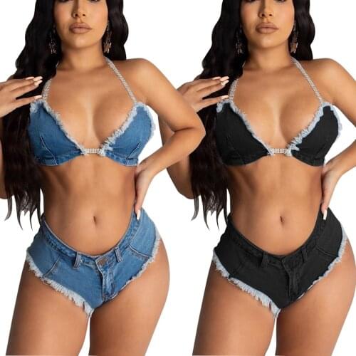 Two Piece Tassel Denim Bikini Sets Women Ladies Summer Split Swimwear Sets Hanging Neck Tie Up Sexy Backless Bikini Swimsuits