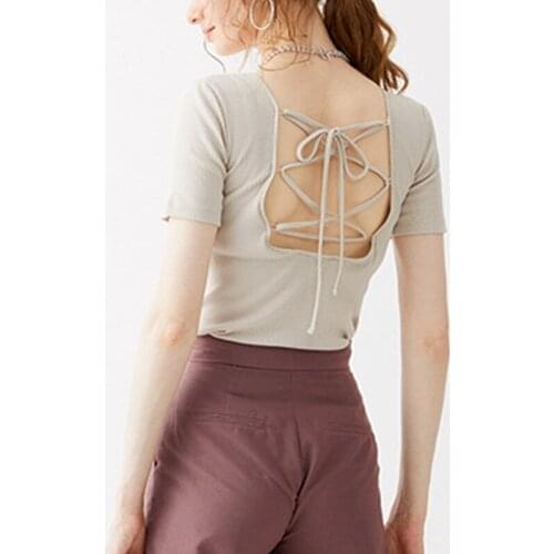 Cross Bandage Backless Design Sexy Sweater Summer Simple Solid Slim Pullovers Woman Office Lady Elegant All Match Knitted Tops